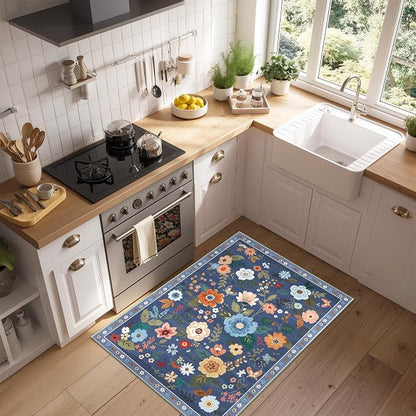 RELEANY Floral Washable 2x3 Area Rugs Doormat Blue/Grey | Flower Carpet Print - Image 3