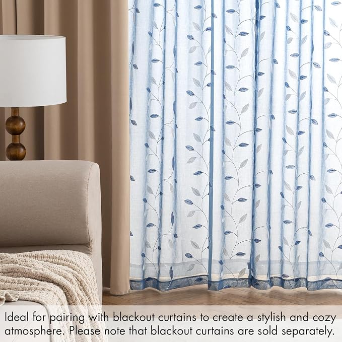 MIULEE Dusty Blue Sheer Curtains 2 Panels Leaf Patterned, W52 x L63 | - Image 7