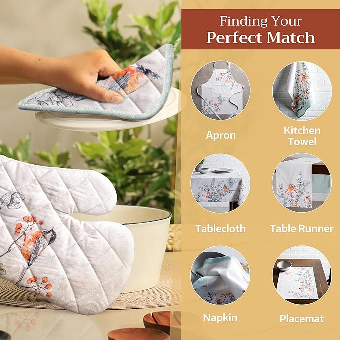 Maison d' Hermine 100% Cotton Oven Mitt & Pot Holder Set (7.5"x13" & 8"x8") Heat Resistant BBQ Cooking Gloves with Loop, Baking, Grilling, Kitchen, Handling Hot Pans (Whitish Shabby Chique)