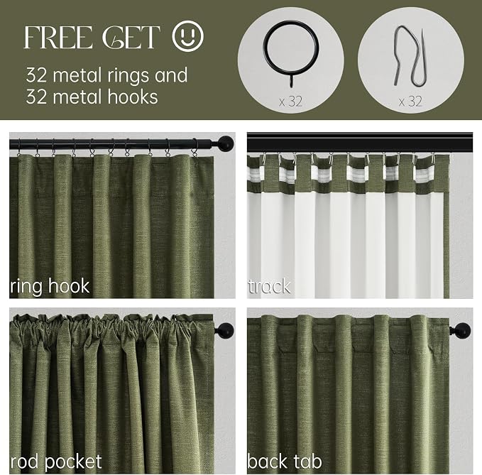 45 Inch Curtain Tier Kitchen Curtains Sets 2 Panels Olive Green Linen Blackout - Image 3