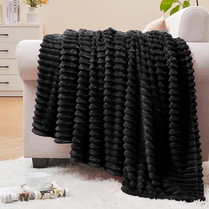 BEDELITE Ribbed Jacquard Black Fleece Throw Blanket by BEDELITE