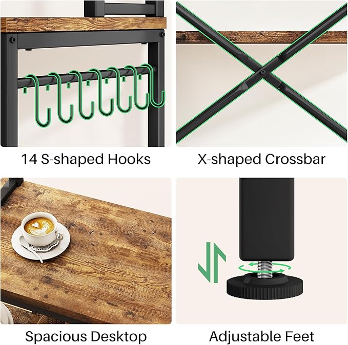 Baker Rack with Power Outlet - Microwave Stand with Storage, Large Coffee Bar Station with 14 Hooks, Metal Kitchen Shelf Rack for Spices, Pots (Rustic Brown)