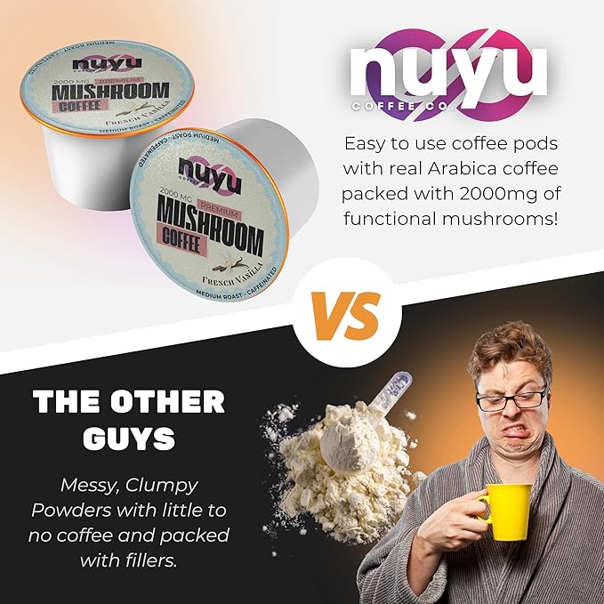 Nuyu Mushroom Coffee Pods, K-Cups, 100% Medium Roast Arabica Coffee with Lion's Mane, Reishi, Chaga, Cordyceps, 2000mg per Pod (12, French Vanilla)