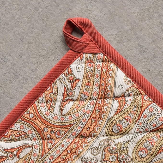 Maison d' Hermine Pot Holders 100% Cotton Heat Resistant Potholders 8" x 8" Hot Pads with Loop BBQ, Cooking, Baking, Grilling, Kitchen, Handling Hot Pans (Pack of 1, Kashmir Paisley)