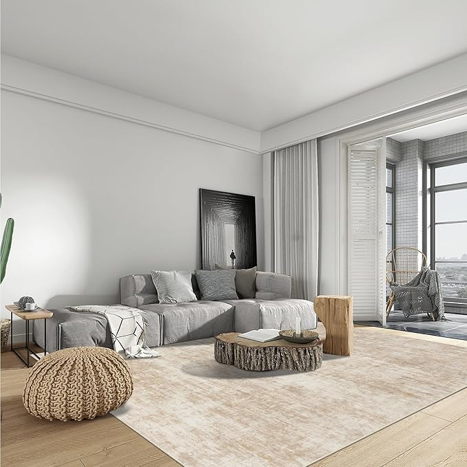 9x12 Area Rugs for Living Room: Washable Abstract Beige Badroom Carpet | - Image 3
