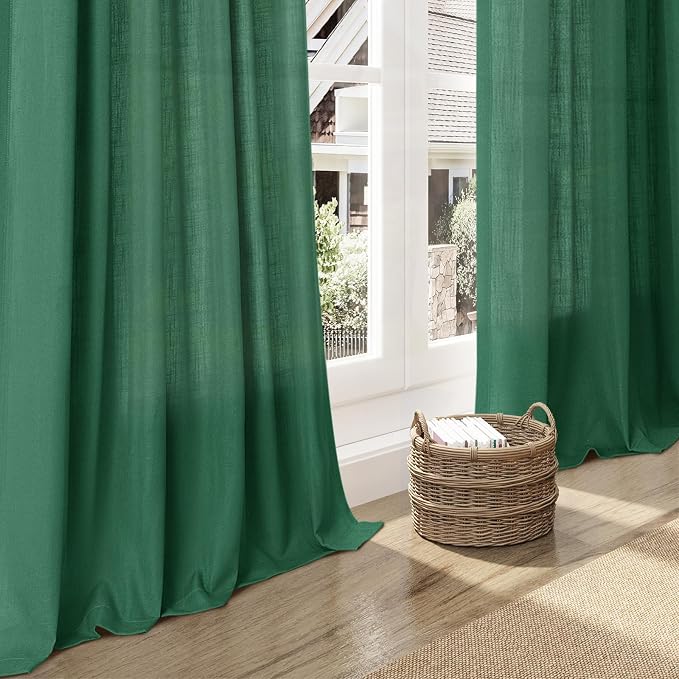 Dark Green Linen Curtains for Living Room 63 Inches Long 2 Panel Set Light - Image 6