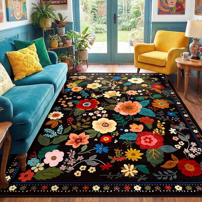 RELEANY Floral Washable 5x7 Area Rugs Black | Flower Carpet Print Boho Cute Non by RELEANY