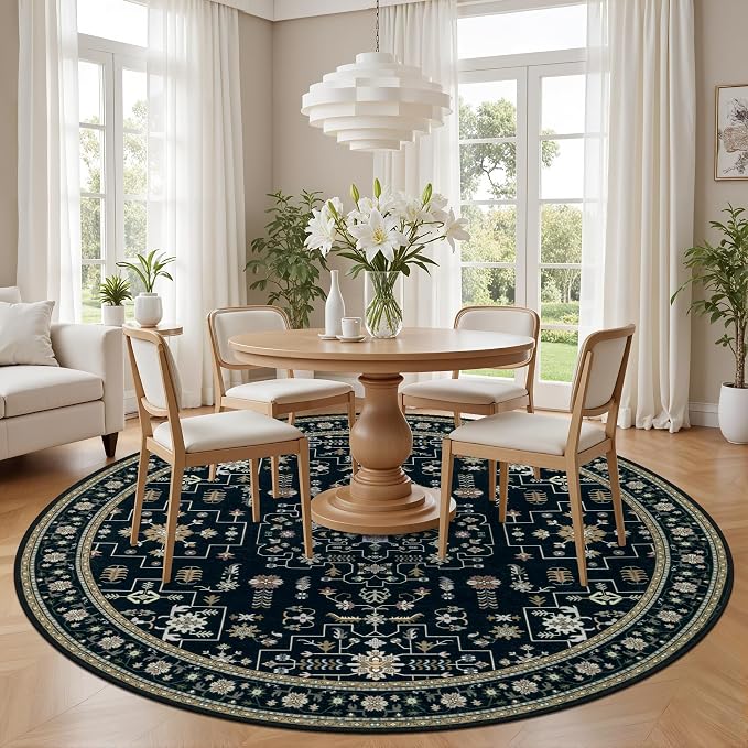 Round Area Rug for Living Room: 8ft Washable Rug for Bedroom Black | Vintage - Image 3