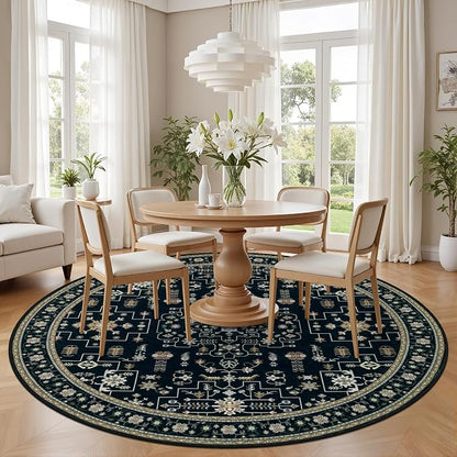 Round Area Rug for Living Room: 6ft Washable Rug for Bedroom Black | Vintage - Image 3