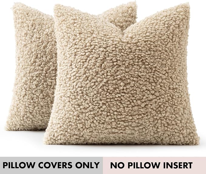 Faux Fur Throw Pillow Covers 18x18 Inch Set of 2 Boucle Neutral Decorative - Image 7