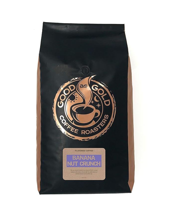 Banana Nut Crunch Whole Bean Coffee, Flavored, 5 Pound Bag Good As Gold Coffee Roasters