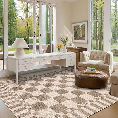GarveeHome 8x10 Area Rugs Geometric Washable Modern Brown Checkered Rug | - Image 4