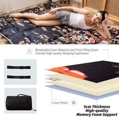 MAXYOYO Black Floral Japanese Futon Floor Mattress, Mattress Topper Portable - Image 2