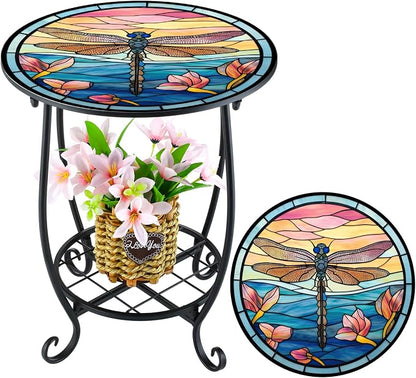 Cinnvoice Outdoor Side Table Round Small Mosaic Patio Accent Indoor End Plant by Cinnvoice