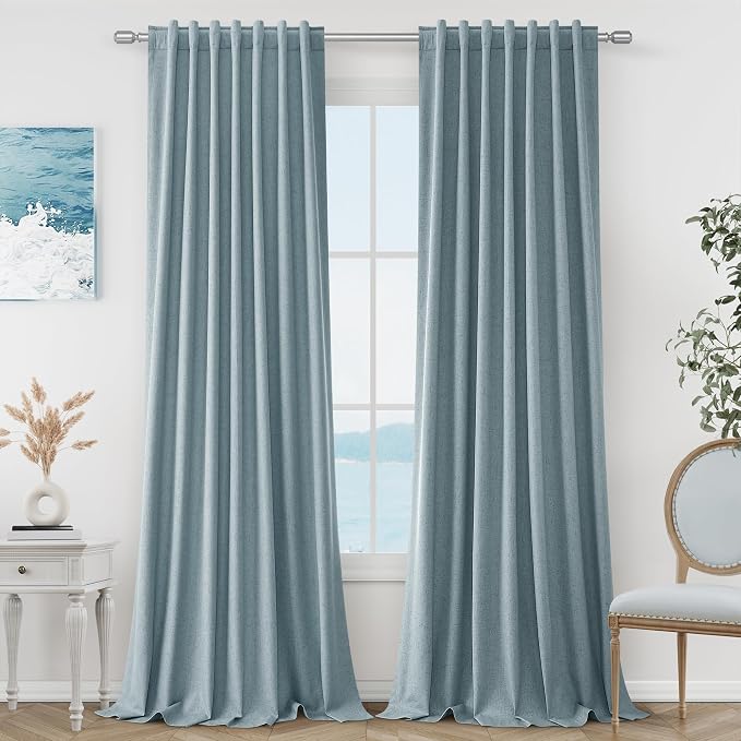 Blue 100% Blackout Linen Curtains 120 Inch Length 2 Panels Set by Guken