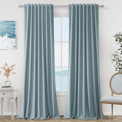 Blue 100% Blackout Linen Curtains 132 Inch Length 2 Panels Set by Guken