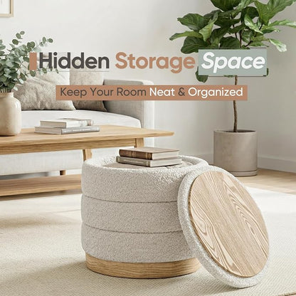 Round Storage Ottoman with Reversible Tray Lid, Folding Chenille Fabric - Image 4