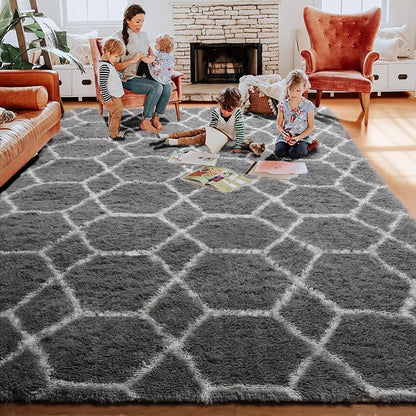 6x9 Area Rugs for Living Room Bedroom, Fluffy Grey and White Geometric Rug | - Image 7
