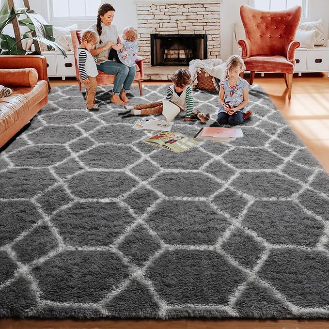 7x9 Area Rugs for Living Room Bedroom, Fluffy Grey and White Geometric Rug | - Image 8