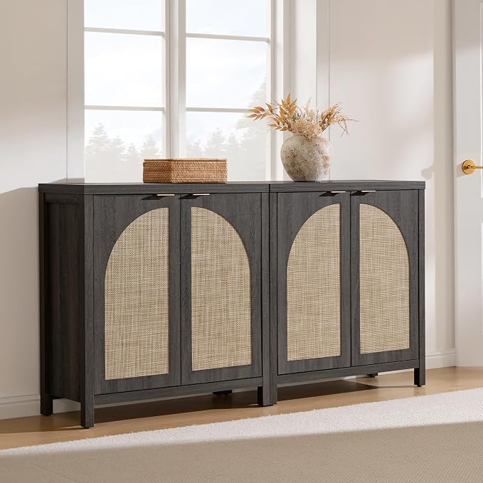 SICOTAS 102"W Rattan Sideboard Buffet Cabinet Set of 3, Modern Credenza Storage - Image 7