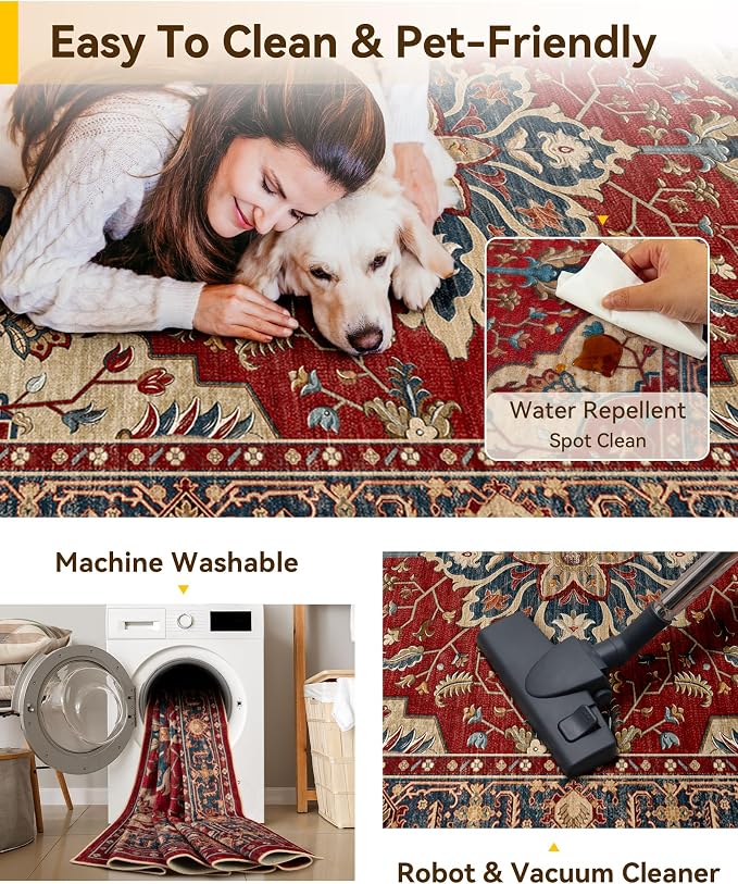 RELEANY Washable Area Rug, Water Repellent, Pet Friendly, Vintage Floral Boho - Image 5