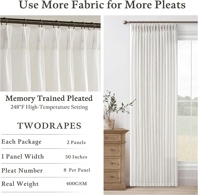 Pinch Pleated 90 Inch Off White Semi Sheer Neutral Linen Curtains 2 Panels | - Image 5
