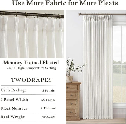 Pinch Pleated Thick Linen Light Filtering Ivory Curtains 86 Inches Length | - Image 5