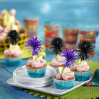 Gyufise 30Pcs Foil Firework Cupcake Toppers Sparkle Tinsel Cake Toppers Tinsel Drink Cake Decoration Cocktail Picks for Birthday Wedding Graduation Party Supplies Black Purple