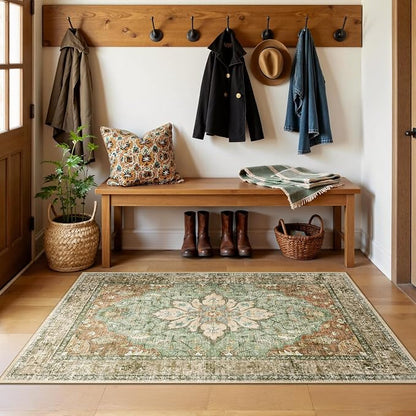 RELEANY Washable Area Rug, Brick/Brown/Green | Non-Slip, Water Repellent - Image 3