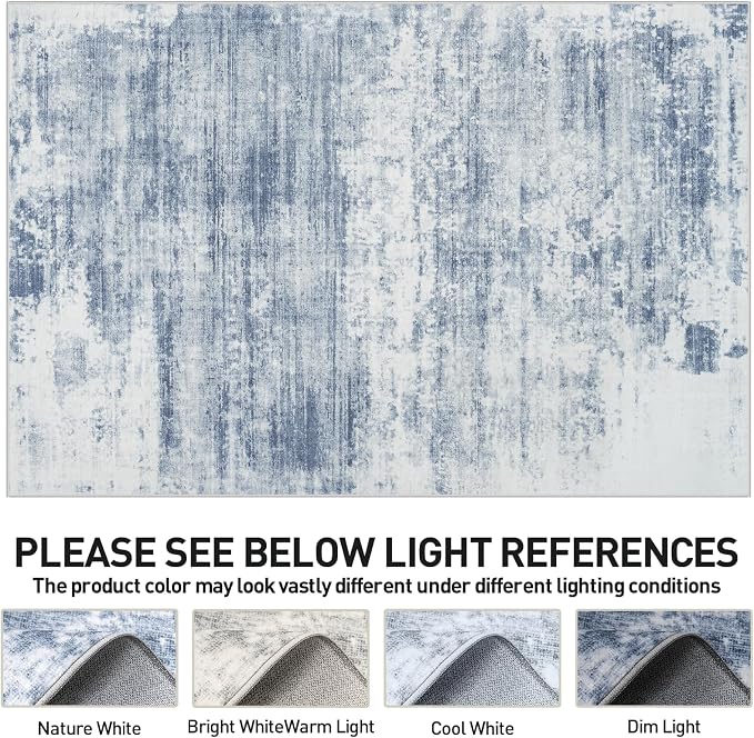 5x7 Area Rugs for Living Room: Washable Abstract Blue White Badroom Carpet | - Image 7