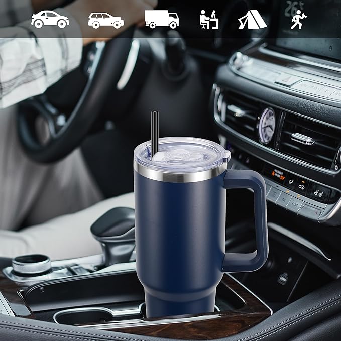 DOMICARE 40 oz Tumbler with Handle and Straw, Stainless Steel Tumbler with Lid and Straw, Reusable Vacuum Insulated Cup, Travel Coffee Mug, Navy Blue, 4Pack