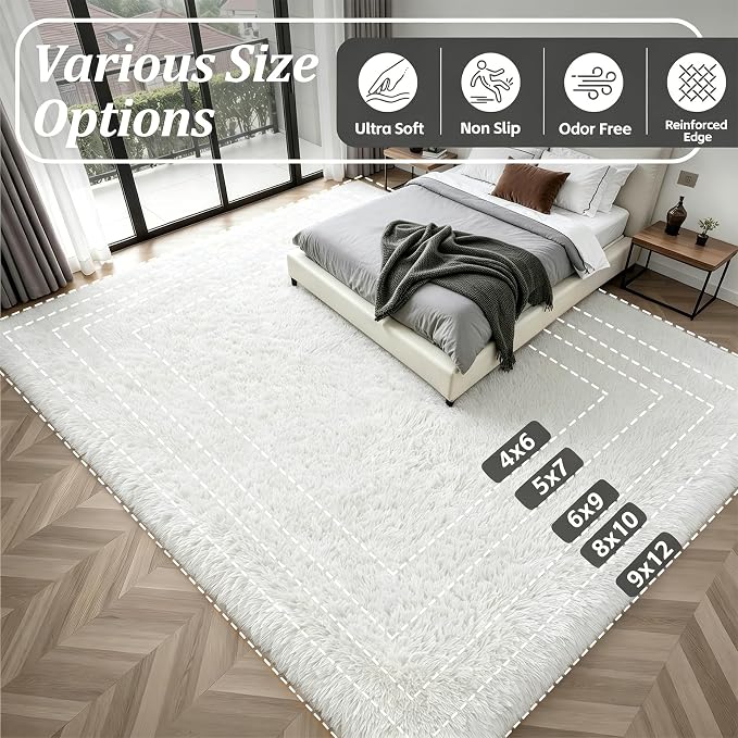 Area Rug Living Room Bedroom: 6x9 Fluffy Plush Shag Carpet Ivory | - Image 9