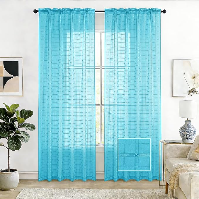 SpaceDresser Check Sheer Curtains 96 Inches Long by SpaceDresser