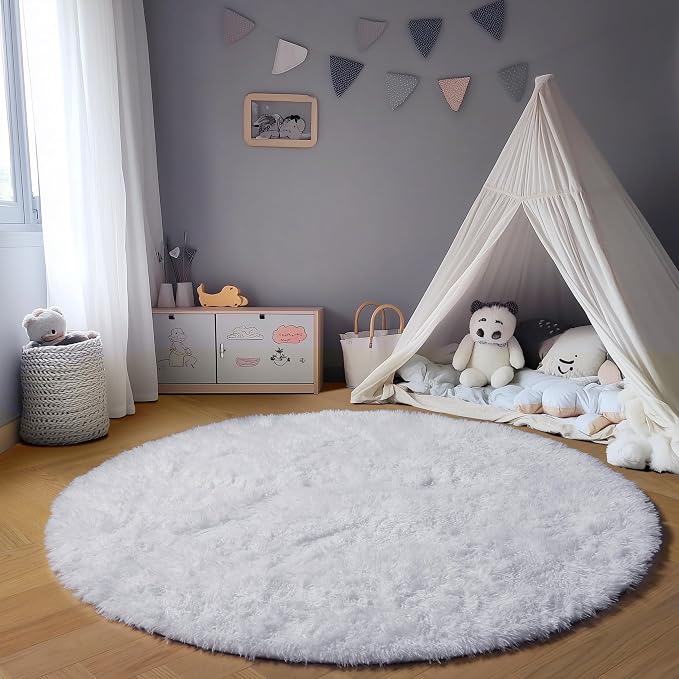 White Round Area Rug 4ft, Soft Bedroom Circle Rugs Floor Mat - Image 5