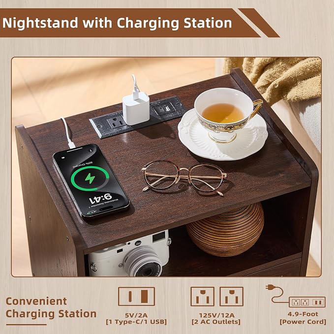 Lerliuo Rattan Nightstand with Charging Station, Walnut Bedside Table with - Image 4