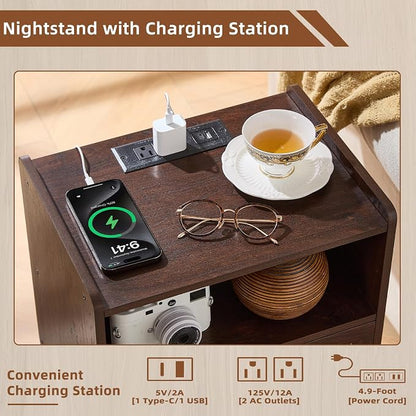 Lerliuo Rattan Nightstand with Charging Station, Walnut Bedside Table with - Image 4
