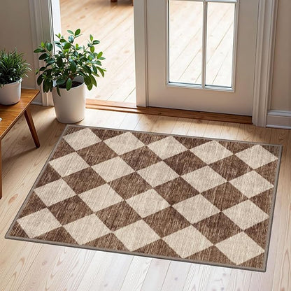 Front Door Rug - 2x3 Brown Beige Checkered Diamond Entry Rug | Non-Slip by Othilic