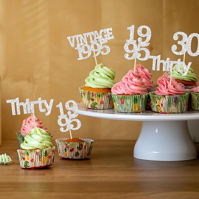 Gyufise 24Pcs Happy 30th Birthday Cupcake Toppers Glitter Thirty 30 Fabulous Vintage 1995 Cupcake Picks for 30th Birthday Wedding Anniversary Party Cake Decorations Supplies Silver