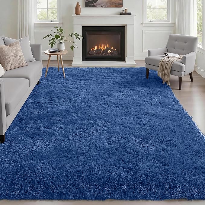 Area Rug Living Room Bedroom: 5x7 Fluffy Plush Shag Carpet Blue | by Luxturiy