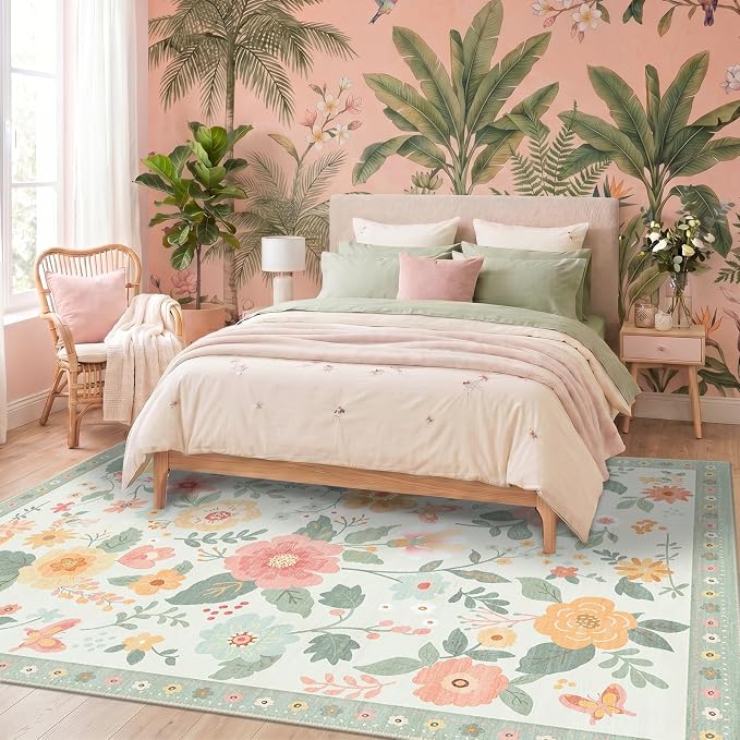 RELEANY Floral Washable 5x7 Area Rugs Beige/Green | Flower Carpet Print Boho - Image 6