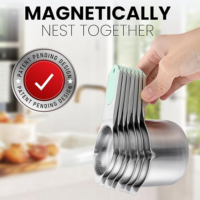 Spring Chef Magnetic Stainless Steel Measuring Cups (Patent Pending), Kitchen Tools with Easy to Read Markings for Measuring Dry or Liquid Ingredients, Set of 7, Mint