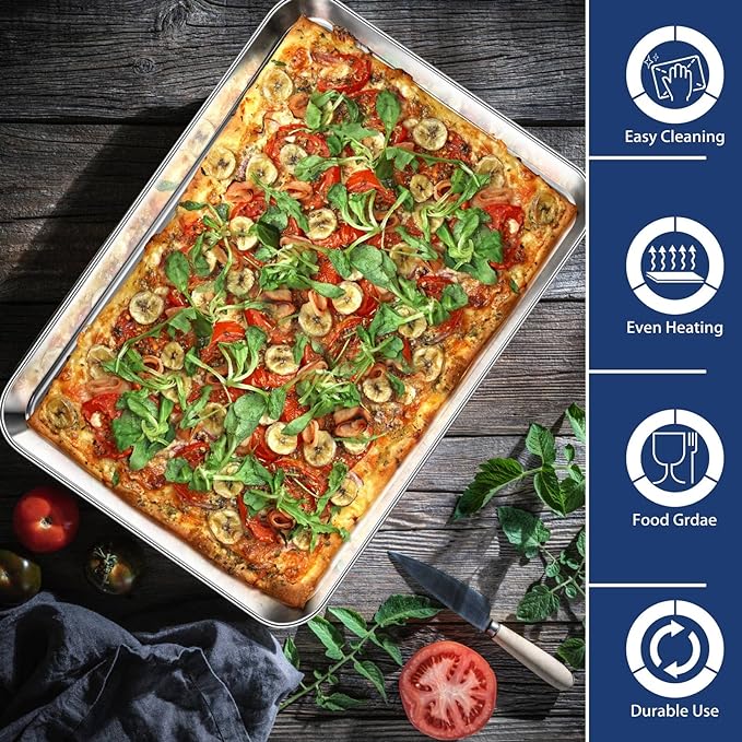 P&P CHEF 17.3 Inch Baking Cookie Sheet, Oven Pan Tray Stainless Steel Sheet Pan for Kitchen, Oven Bakeware for Multi Uses, Shiny Look & Dishwasher Safe, Healthy & Heavy Duty, 2Pcs