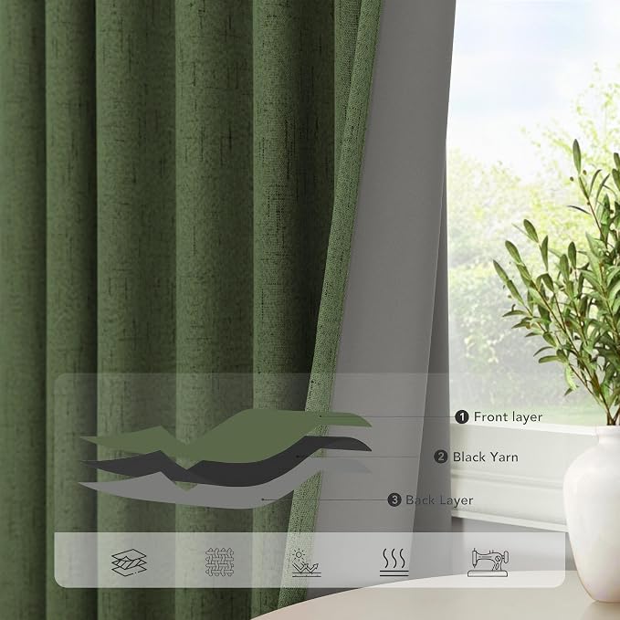 Olive Green Blackout Curtains 84 Inches Long 2 Panels Linen Boho Black Out Dark - Image 5
