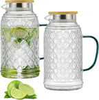 2 PACK Glass Pitcher with Bamboo Lid, 68 oz/2L Vintage Water Pitcher, Clear Borosilicate Glass Water Carafe for Cold Brew, Coffee, Lemonade, Iced Sun Tea,Beverage, Heat Resistant Water Glass Jug