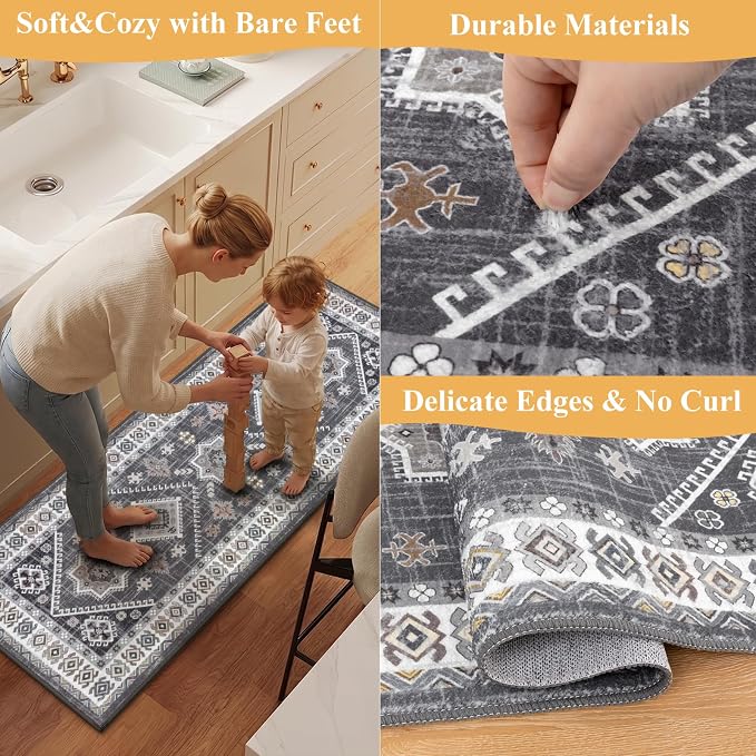 HEBE Boho Kitchen Rugs Set of 2, Non Slip Washable Kitchen Mats - Image 5
