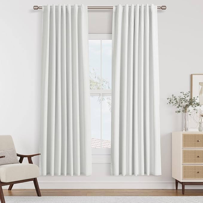 White 100% Blackout Linen Curtains 72 Inch Length 2 Panels Set by Guken
