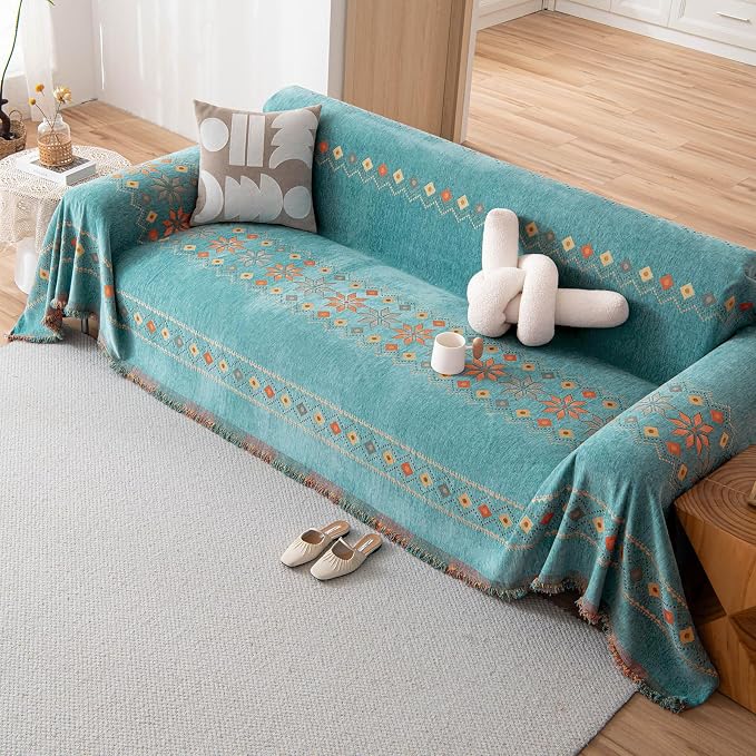 DREAMINGO Teal Boho Couch Cover Jacquard Chenille Sofa Covers Washable 3 Seater - Image 7
