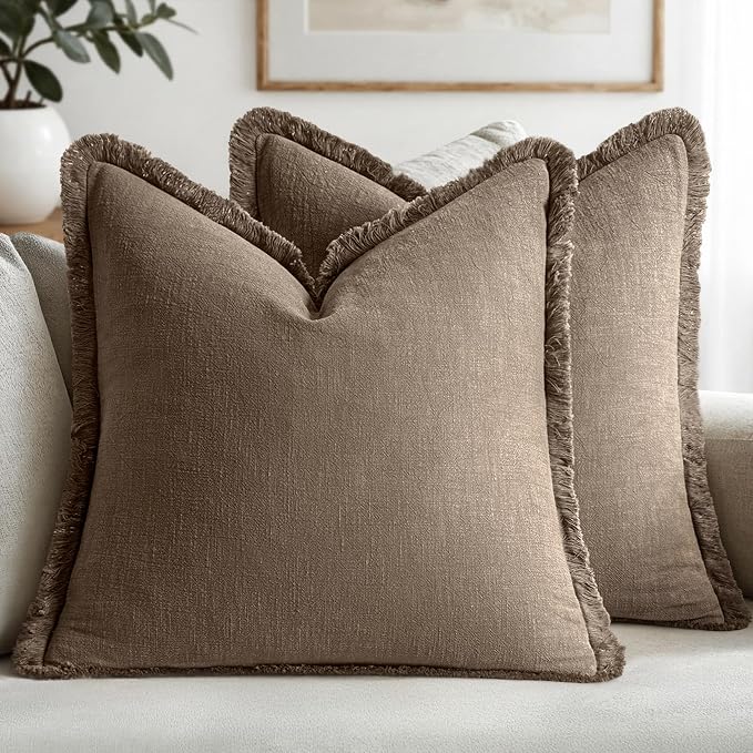 MIULEE Linen Fringe Decorative Fall Throw Pillow Covers Cocoa Brown 20x20 | Set by MIULEE