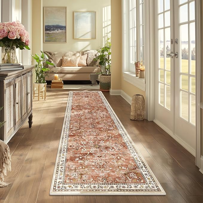 Yamaziot 2x10 Washable Hallway Runner Rug Non Slip Floral Carpet, Brick-red | - Image 7