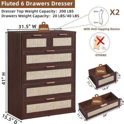 LEYAOYAO Dresser for Bedroom, Modern 6 Drawers Boho Rattan Dressers - Image 6
